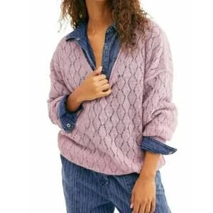 Free People Wool Blend Open Knit Tunic Sweater Large Purple Tunic Say Hello Boho
